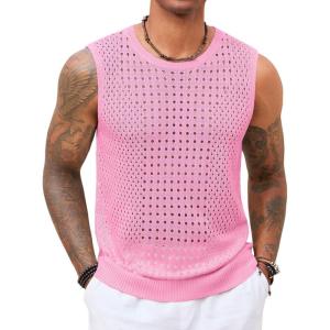 Runcati Mens Knit Sleeveless Tank Tops Casual Hollow Out T Shirts Beach Summer See Through Tops(Pink)
