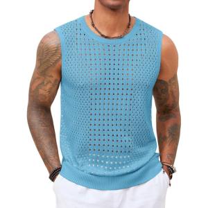 Runcati Mens Knit Sleeveless Tank Tops Casual Hollow Out T Shirts Beach Summer See Through Tops(Sky Blue)