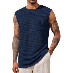 Runcati Mens Waffle Tank Tops Sleeveless T-Shirts Athletic Muscle Summer Beach Hippie Shirts(Navy)
