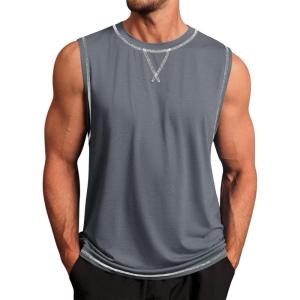 Runcati Mens Workout Tank Tops Sleeveless Casual Crewneck Beach T Shirt Muscle Athletic Gym Running Tee(Dark Grey)