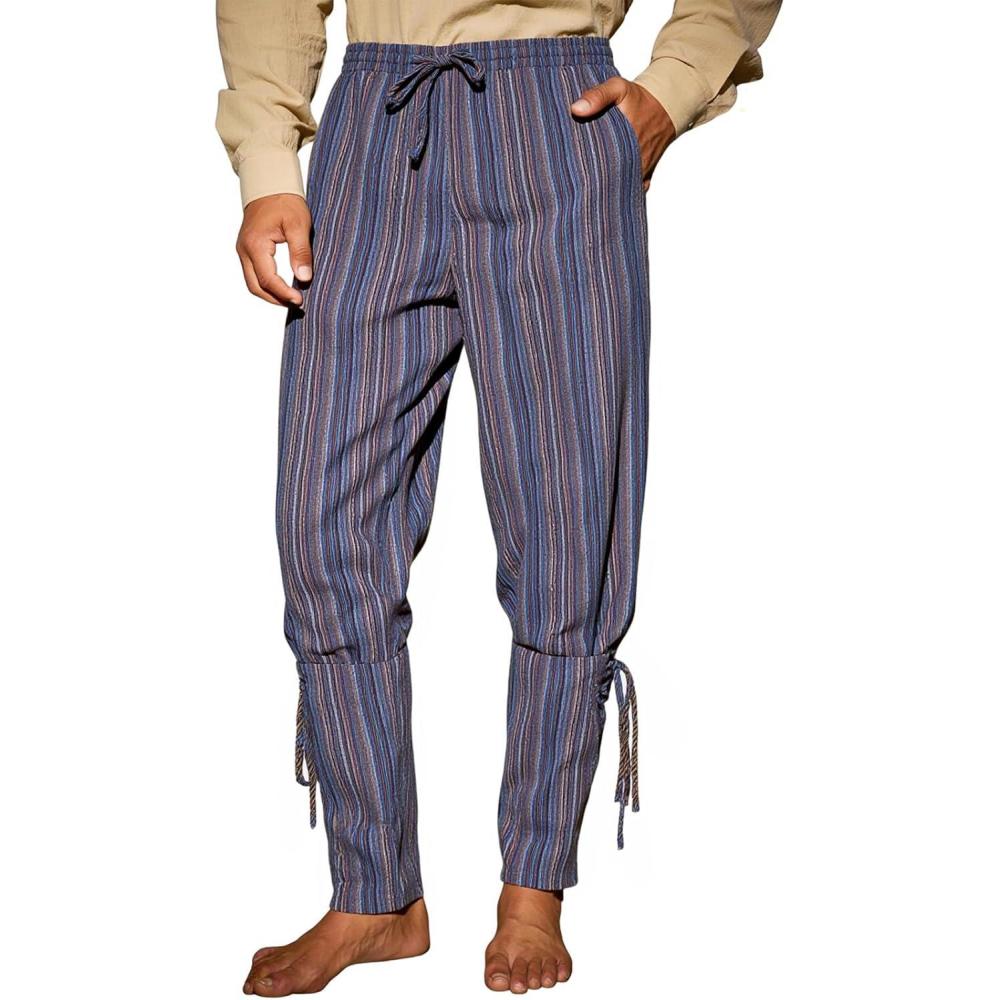 imageRuncati Mens Medieval Ankle Pants Renaissance Viking Navigator Pirate Pants Lace Up Striped Halloween Costume TrousersNavy