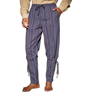 Runcati Mens Medieval Ankle Pants Renaissance Viking Navigator Pirate Pants Lace Up Striped Halloween Costume Trousers(Navy)