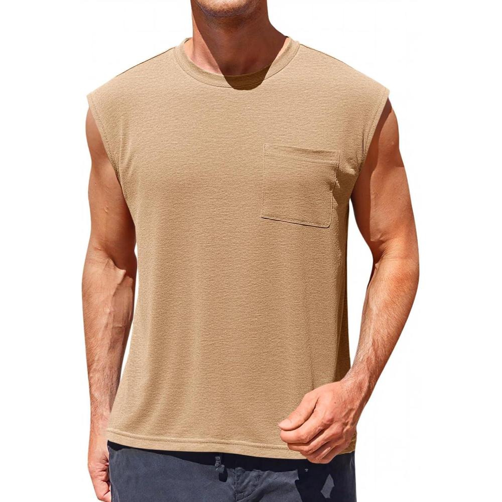imageRuncati Mens Sleeveless Tank Tops Workout Cut Off Muscle Shirts Gym Casual Beach Summer Tee with PocketKhaki