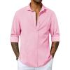 Mens Button Up Shirts Long Sleeve Linen Beach Casual Cotton Summer Lightweight Tops(2 Pink)