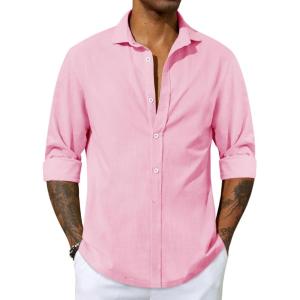 Mens Button Up Shirts Long Sleeve Linen Beach Casual Cotton Summer Lightweight Tops(2 Pink)
