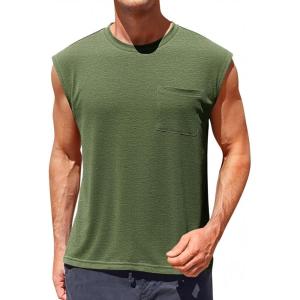 Runcati Mens Sleeveless Tank Tops Workout Cut Off Muscle Shirts Gym Casual Beach Summer Tee with Pocket(Army Green)