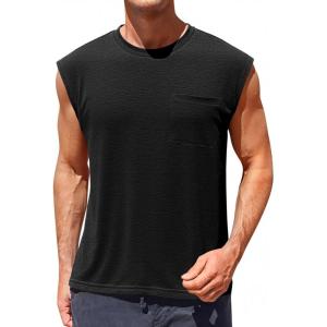 Runcati Mens Sleeveless Tank Tops Workout Cut Off Muscle Shirts Gym Casual Beach Summer Tee with Pocket(Black)