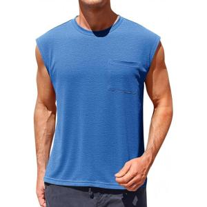 Runcati Mens Sleeveless Tank Tops Workout Cut Off Muscle Shirts Gym Casual Beach Summer Tee with Pocket(Blue)