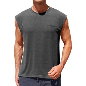 Runcati Mens Sleeveless Tank Tops Workout Cut Off Muscle Shirts Gym Casual Beach Summer Tee with Pocket(Dark Grey)