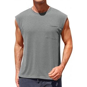 Runcati Mens Sleeveless Tank Tops Workout Cut Off Muscle Shirts Gym Casual Beach Summer Tee with Pocket(Grey)