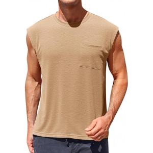 Runcati Mens Sleeveless Tank Tops Workout Cut Off Muscle Shirts Gym Casual Beach Summer Tee with Pocket(Khaki)