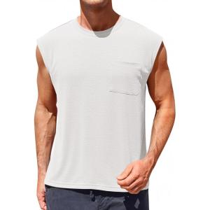 Runcati Mens Sleeveless Tank Tops Workout Cut Off Muscle Shirts Gym Casual Beach Summer Tee with Pocket(White)