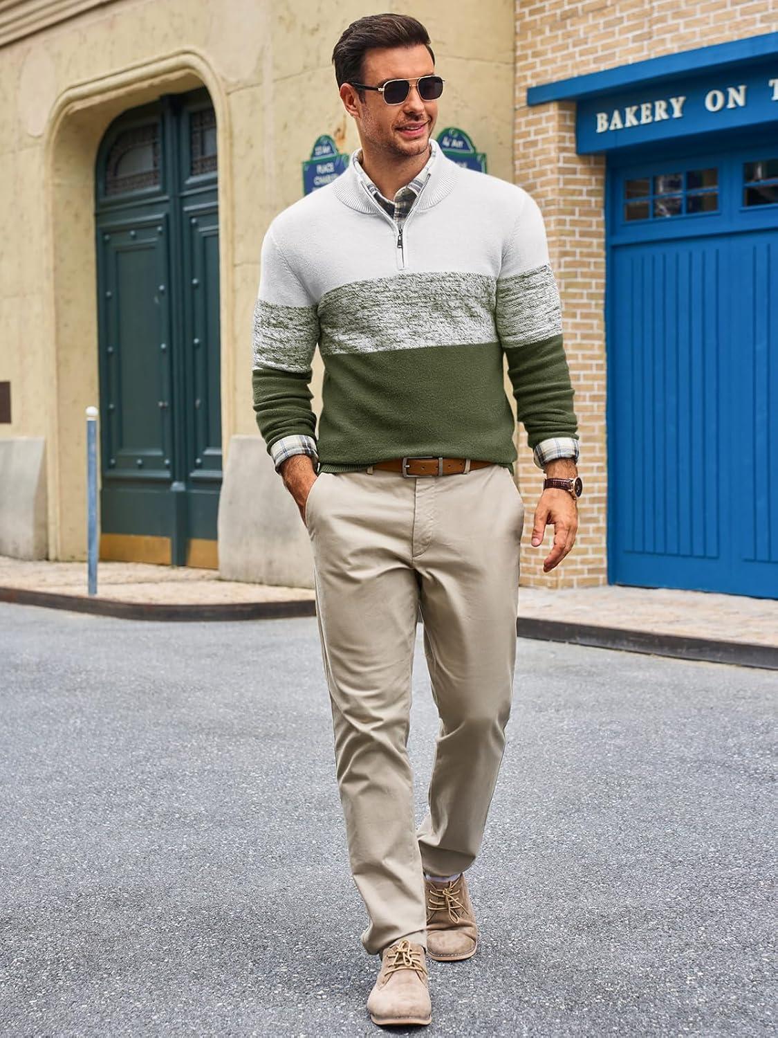 imageRuncati Mens Quarter Zip Sweaters Mock Neck Pullover Sweater Knitted Casual Color Block Fall Winter SweatersArmy Green