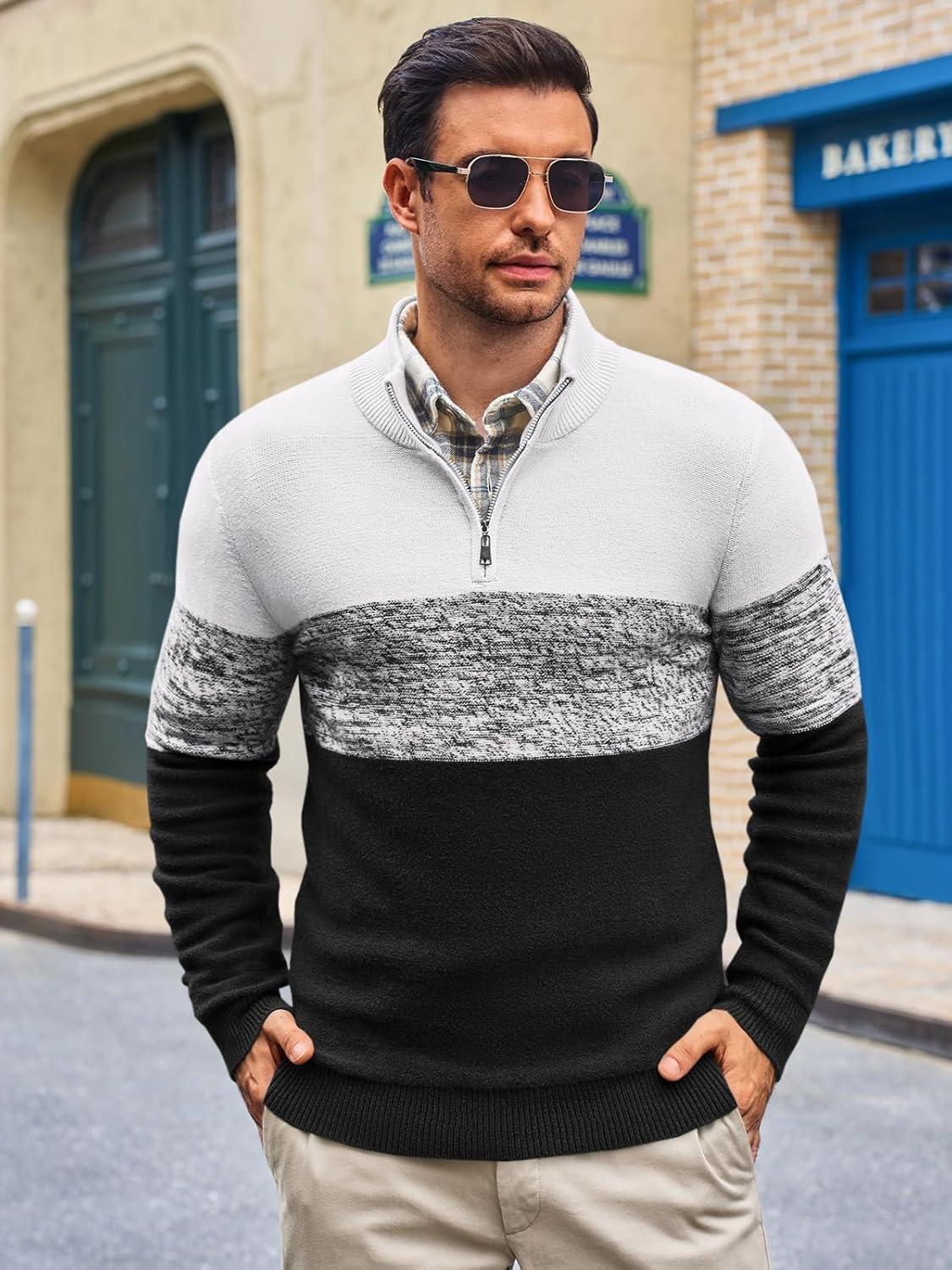 imageRuncati Mens Quarter Zip Sweaters Mock Neck Pullover Sweater Knitted Casual Color Block Fall Winter SweatersBlack