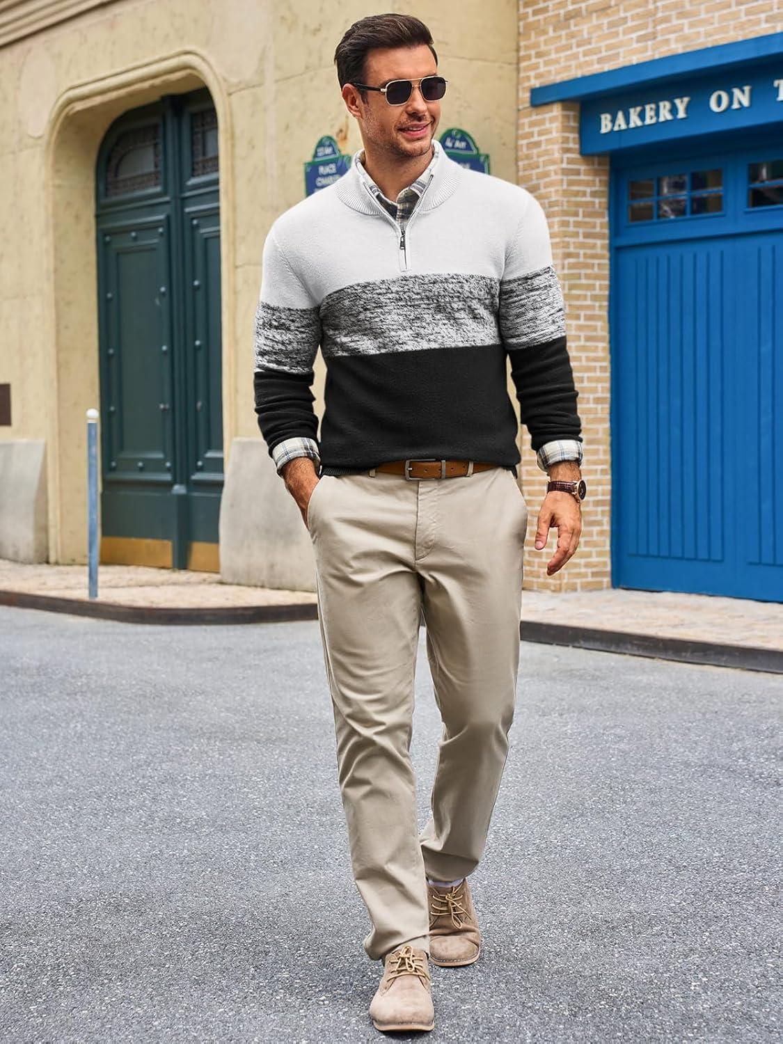 imageRuncati Mens Quarter Zip Sweaters Mock Neck Pullover Sweater Knitted Casual Color Block Fall Winter SweatersBlack