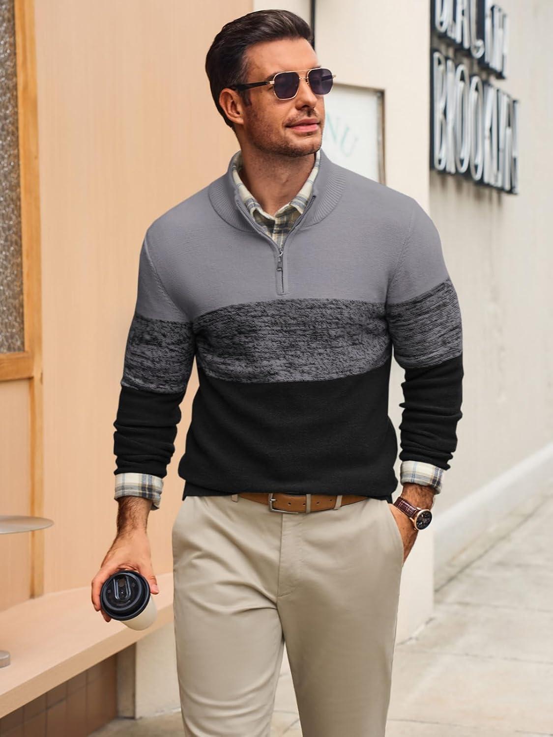 imageRuncati Mens Quarter Zip Sweaters Mock Neck Pullover Sweater Knitted Casual Color Block Fall Winter SweatersDark Grey