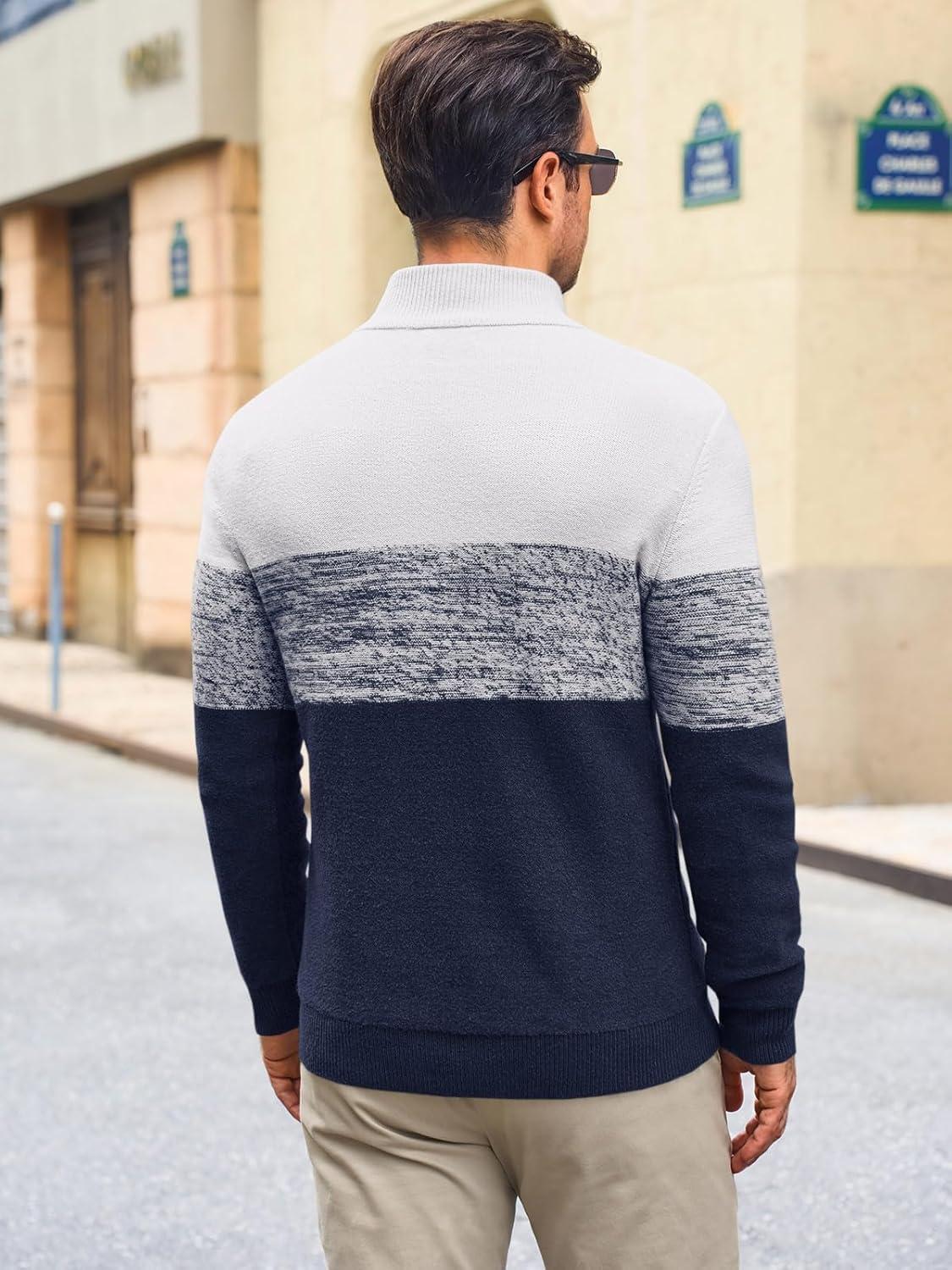 imageRuncati Mens Quarter Zip Sweaters Mock Neck Pullover Sweater Knitted Casual Color Block Fall Winter SweatersNavy