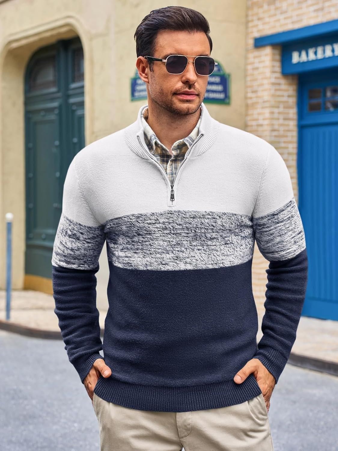 imageRuncati Mens Quarter Zip Sweaters Mock Neck Pullover Sweater Knitted Casual Color Block Fall Winter SweatersNavy