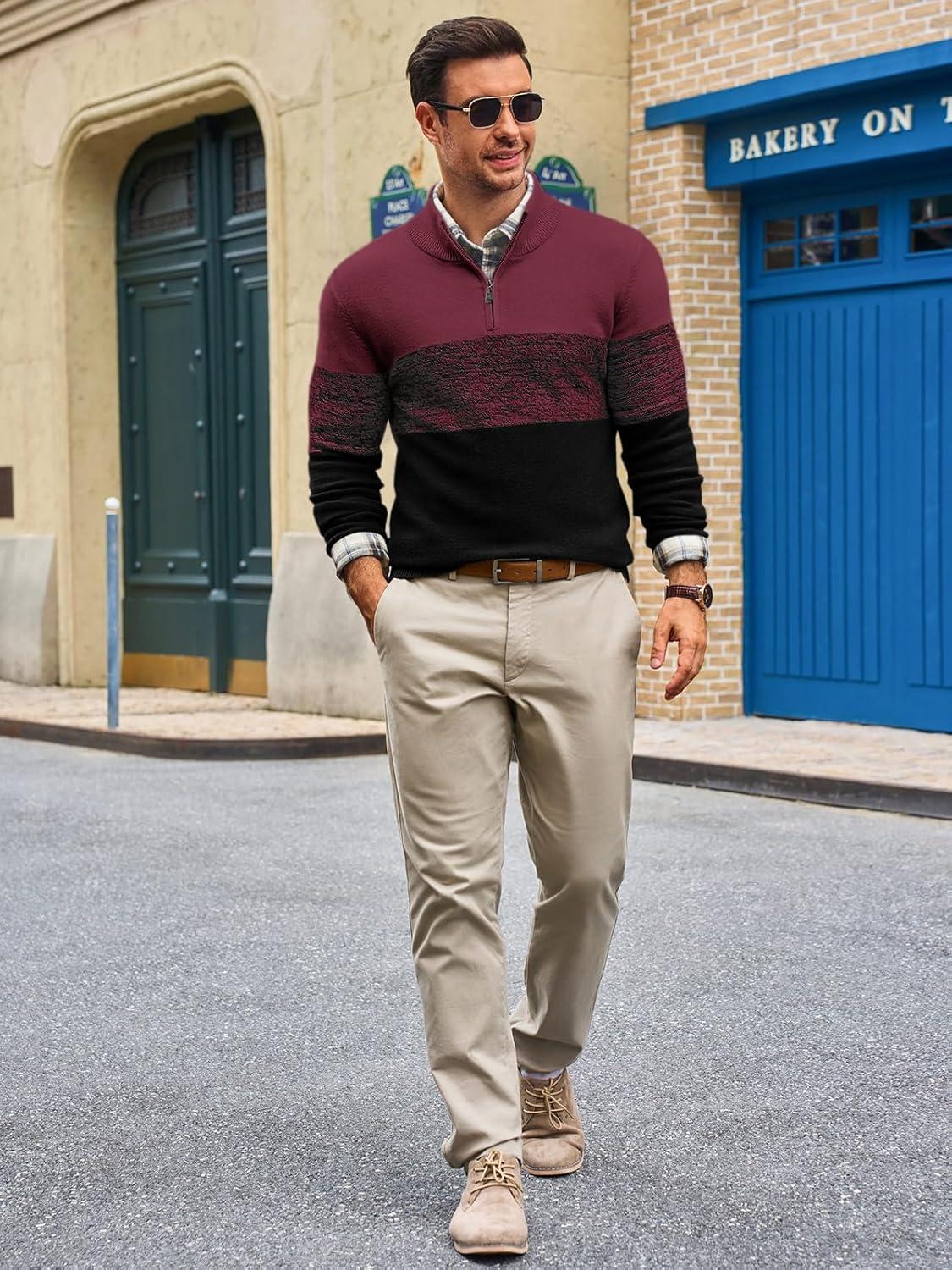 imageRuncati Mens Quarter Zip Sweaters Mock Neck Pullover Sweater Knitted Casual Color Block Fall Winter SweatersWine Red