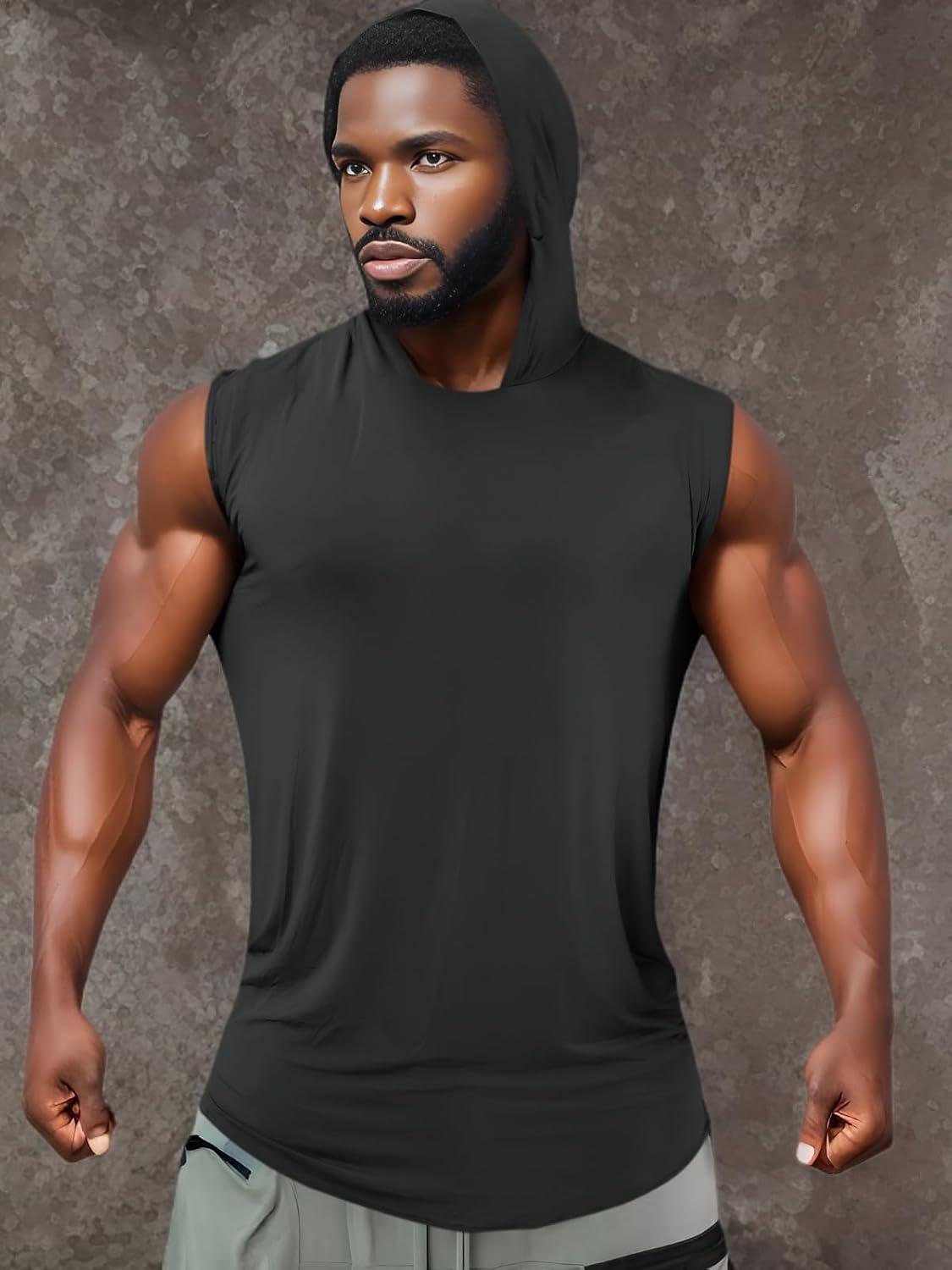imageRuncati Mens Sleeveless Hoodies Workout Hooded Tank Tops Muscle Gym Bodybuilding Fitness Training T ShirtsDark Grey