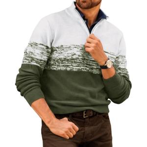 Runcati Mens Quarter Zip Sweaters Mock Neck Pullover Sweater Knitted Casual Color Block Fall Winter Sweaters(Army Green)