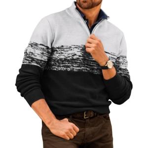 Runcati Mens Quarter Zip Sweaters Mock Neck Pullover Sweater Knitted Casual Color Block Fall Winter Sweaters(Black)