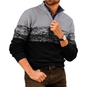 Runcati Mens Quarter Zip Sweaters Mock Neck Pullover Sweater Knitted Casual Color Block Fall Winter Sweaters(Dark Grey)