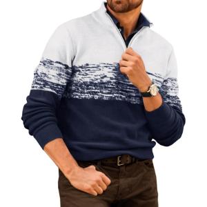 Runcati Mens Quarter Zip Sweaters Mock Neck Pullover Sweater Knitted Casual Color Block Fall Winter Sweaters(Navy)