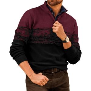 Runcati Mens Quarter Zip Sweaters Mock Neck Pullover Sweater Knitted Casual Color Block Fall Winter Sweaters(Wine Red)