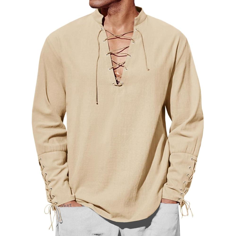 imageRuncati Mens Medieval Pirate Shirt Steampunk Renaissance Viking Retro Long Sleeve Lace Up Mercenary Halloween Costume TopsBeige