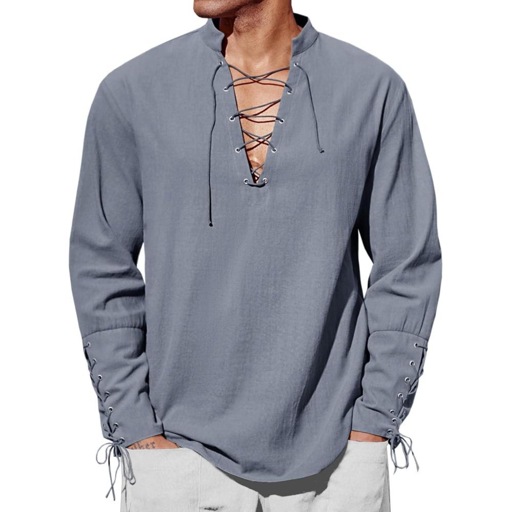 imageRuncati Mens Medieval Pirate Shirt Steampunk Renaissance Viking Retro Long Sleeve Lace Up Mercenary Halloween Costume TopsGray