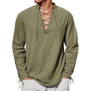 Runcati Mens Medieval Pirate Shirt Steampunk Renaissance Viking Retro Long Sleeve Lace Up Mercenary Halloween Costume Tops(Army Green)