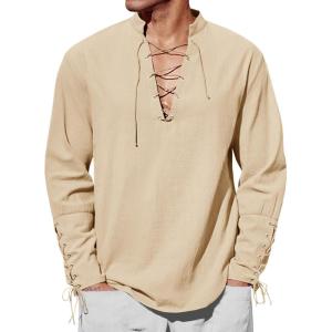 Runcati Mens Medieval Pirate Shirt Steampunk Renaissance Viking Retro Long Sleeve Lace Up Mercenary Halloween Costume Tops(Beige)