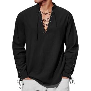 Runcati Mens Medieval Pirate Shirt Steampunk Renaissance Viking Retro Long Sleeve Lace Up Mercenary Halloween Costume Tops(Black)