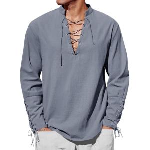 Runcati Mens Medieval Pirate Shirt Steampunk Renaissance Viking Retro Long Sleeve Lace Up Mercenary Halloween Costume Tops(Gray)