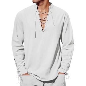 Runcati Mens Medieval Pirate Shirt Steampunk Renaissance Viking Retro Long Sleeve Lace Up Mercenary Halloween Costume Tops(White)
