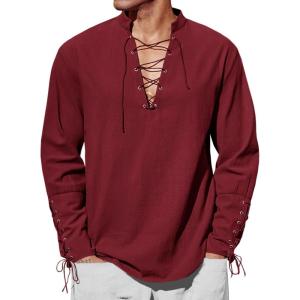 Runcati Mens Medieval Pirate Shirt Steampunk Renaissance Viking Retro Long Sleeve Lace Up Mercenary Halloween Costume Tops(Wine Red)