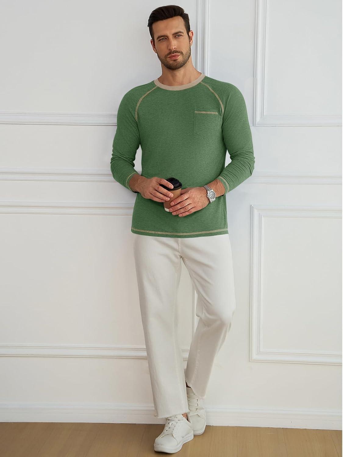imageRuncati Mens Long Sleeve TShirt Casual Crewneck Shirts Basic Lightweight Vintage Tee Tops with PocketArmy Green