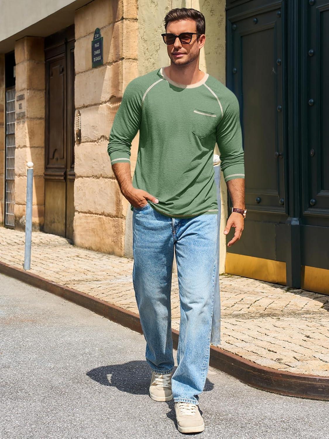 imageRuncati Mens Long Sleeve TShirt Casual Crewneck Shirts Basic Lightweight Vintage Tee Tops with PocketArmy Green