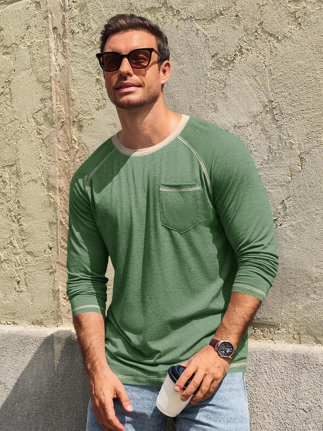 imageRuncati Mens Long Sleeve TShirt Casual Crewneck Shirts Basic Lightweight Vintage Tee Tops with PocketArmy Green