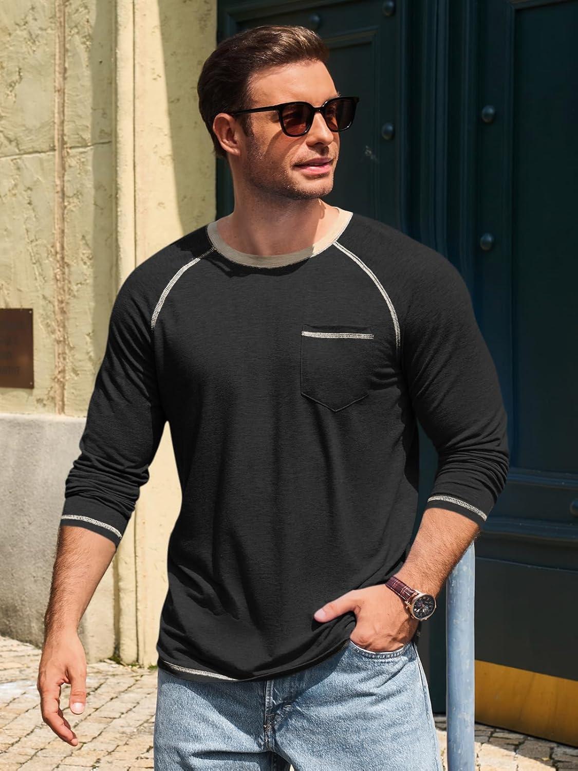imageRuncati Mens Long Sleeve TShirt Casual Crewneck Shirts Basic Lightweight Vintage Tee Tops with PocketBlack