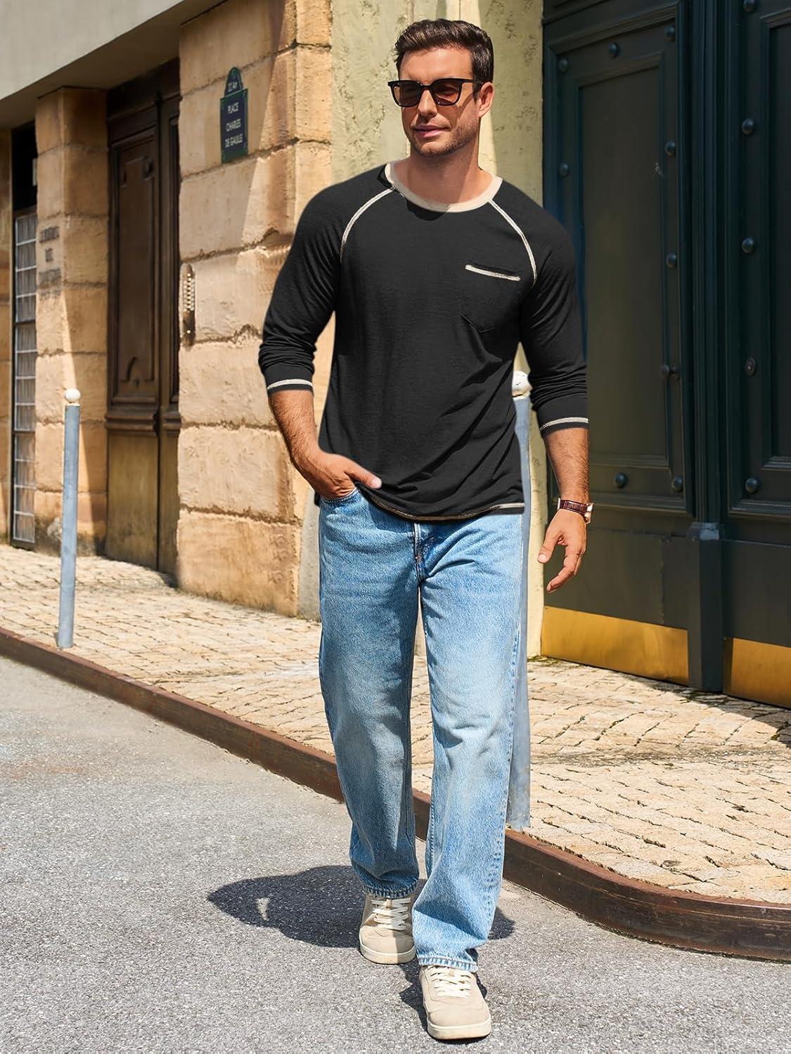 imageRuncati Mens Long Sleeve TShirt Casual Crewneck Shirts Basic Lightweight Vintage Tee Tops with PocketBlack