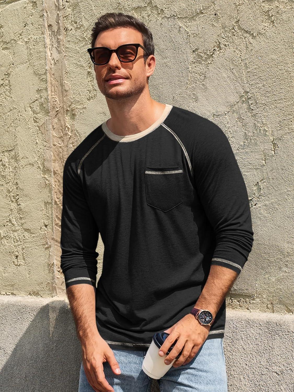 imageRuncati Mens Long Sleeve TShirt Casual Crewneck Shirts Basic Lightweight Vintage Tee Tops with PocketBlack