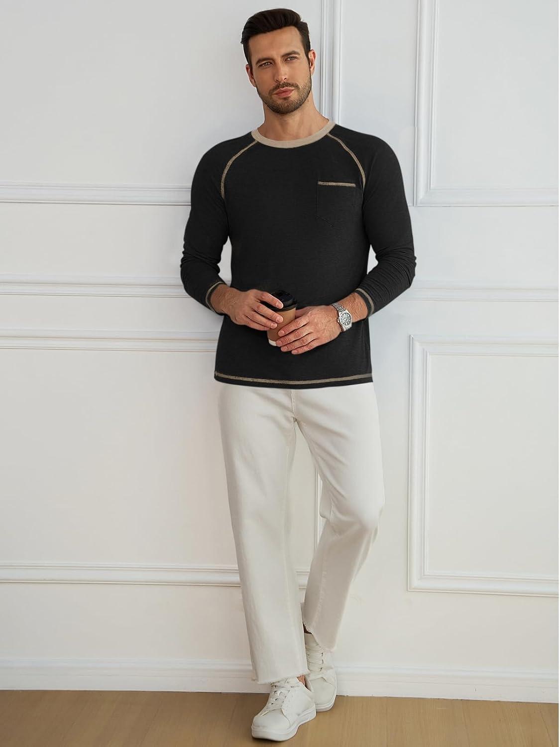 imageRuncati Mens Long Sleeve TShirt Casual Crewneck Shirts Basic Lightweight Vintage Tee Tops with PocketBlack