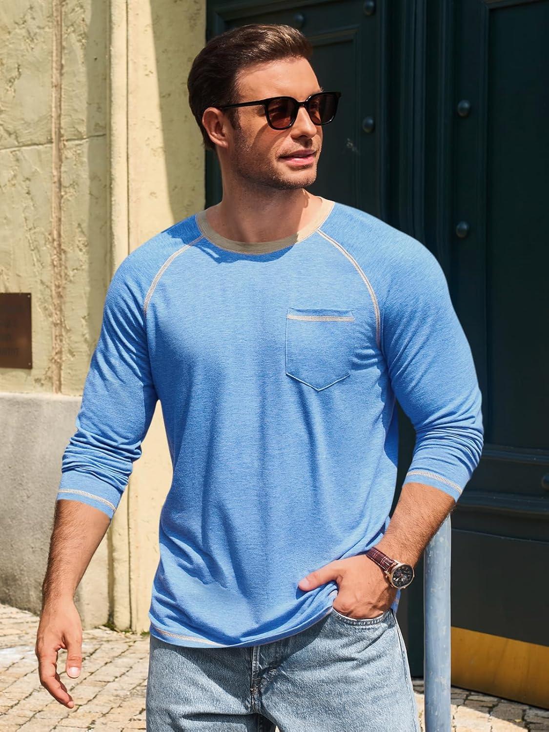 imageRuncati Mens Long Sleeve TShirt Casual Crewneck Shirts Basic Lightweight Vintage Tee Tops with PocketBlue