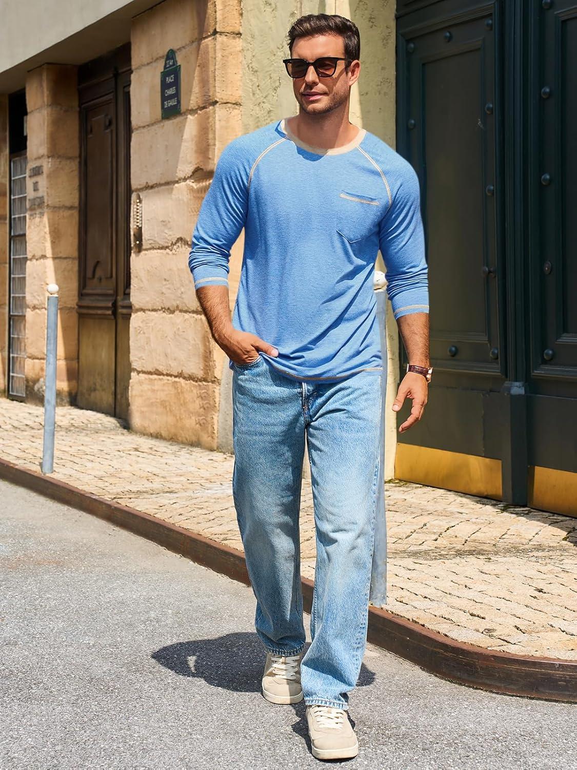 imageRuncati Mens Long Sleeve TShirt Casual Crewneck Shirts Basic Lightweight Vintage Tee Tops with PocketBlue