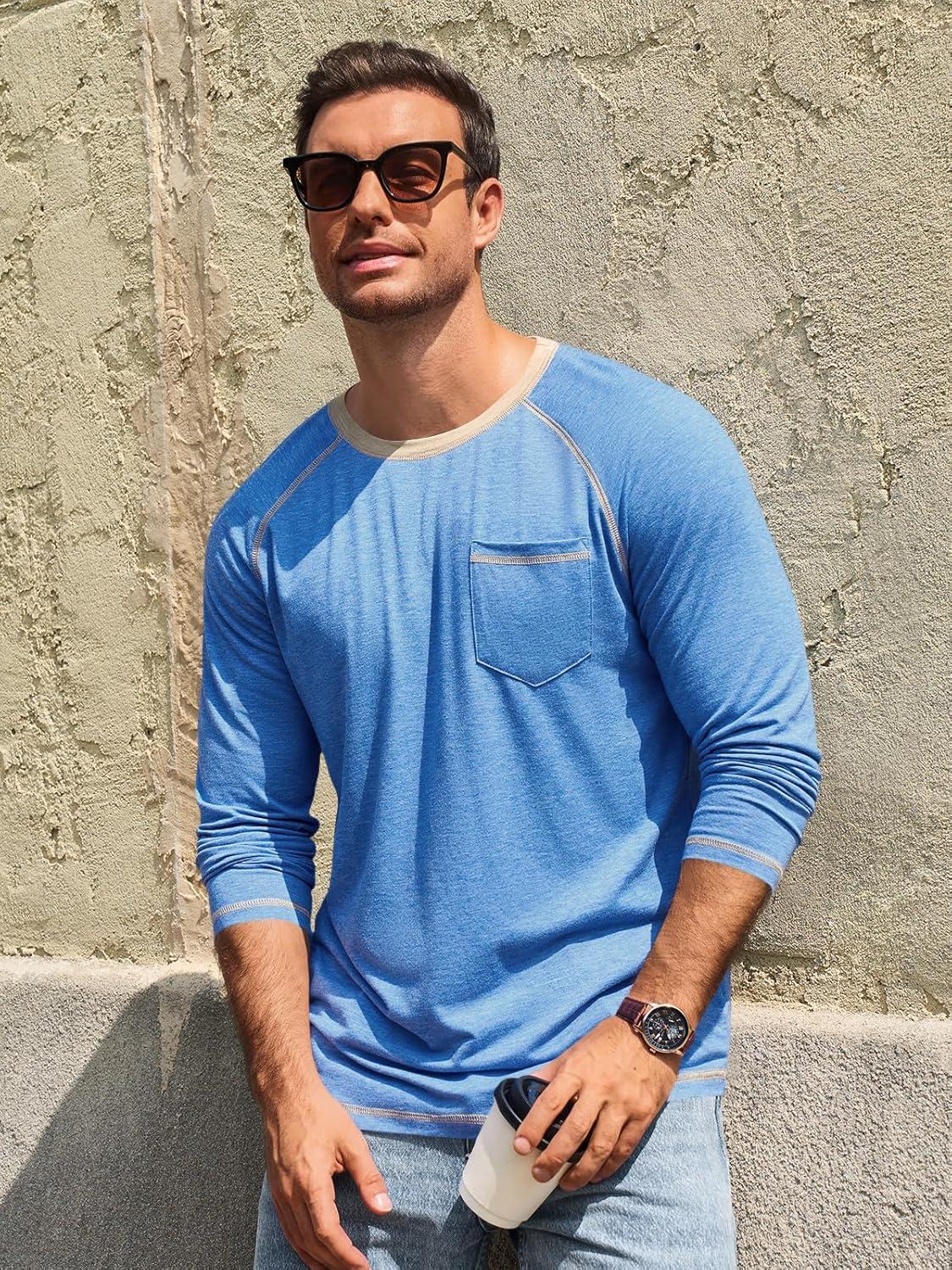 imageRuncati Mens Long Sleeve TShirt Casual Crewneck Shirts Basic Lightweight Vintage Tee Tops with PocketBlue