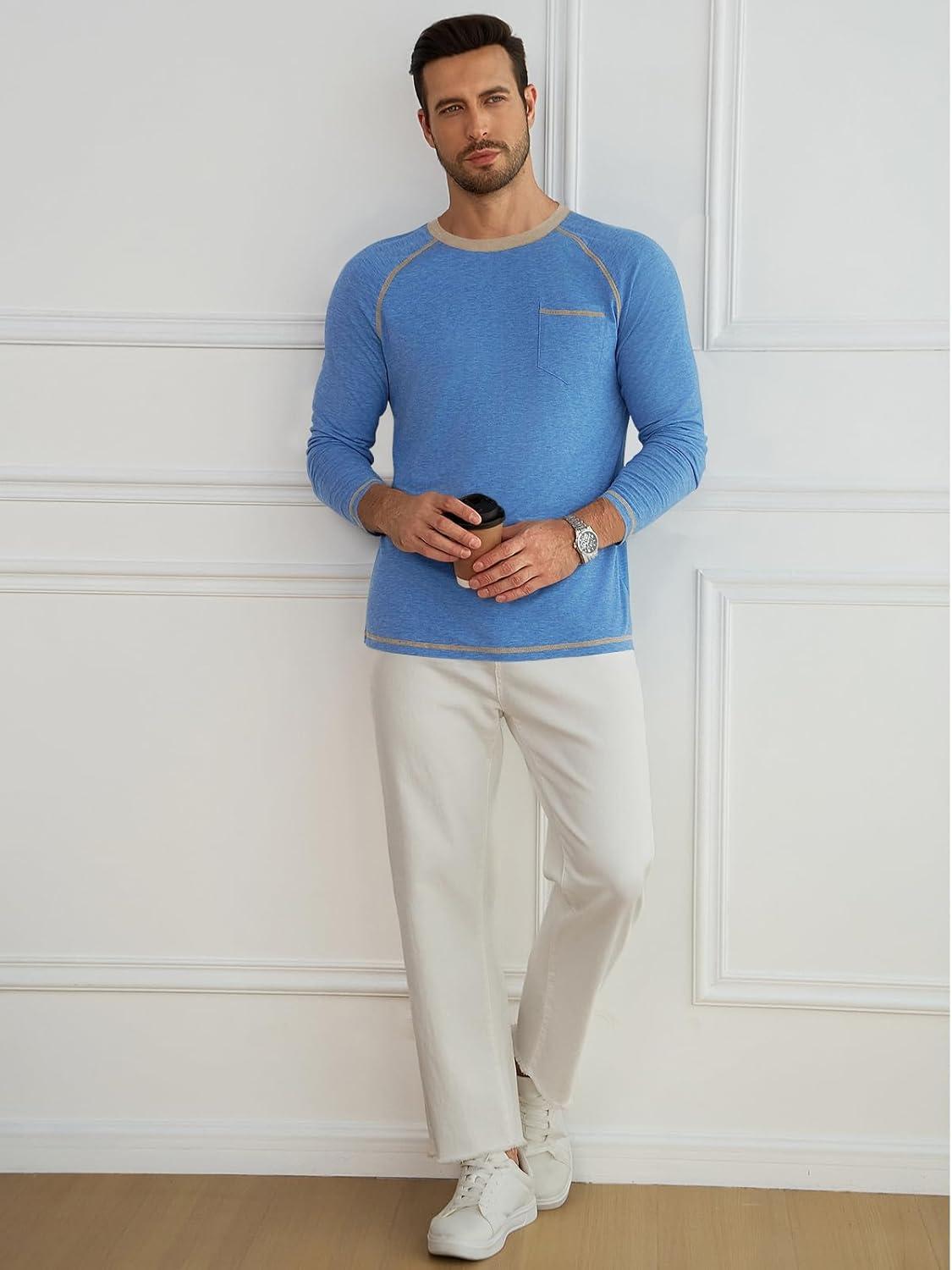 imageRuncati Mens Long Sleeve TShirt Casual Crewneck Shirts Basic Lightweight Vintage Tee Tops with PocketBlue