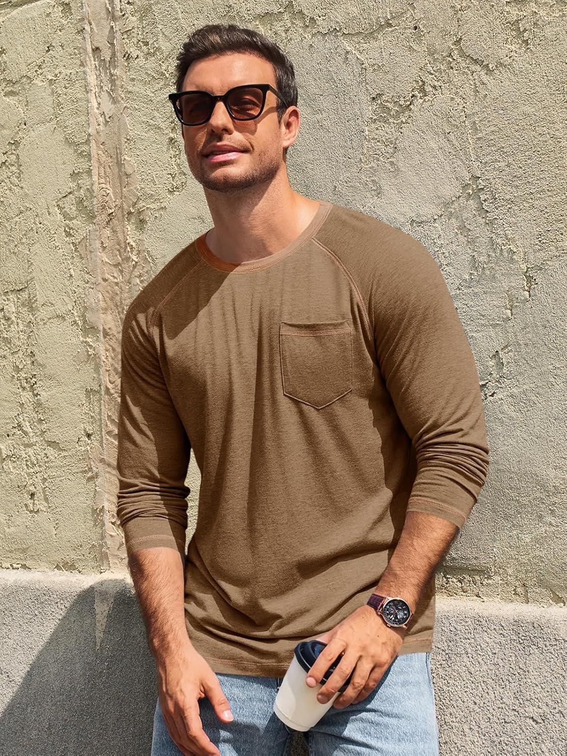 imageRuncati Mens Long Sleeve TShirt Casual Crewneck Shirts Basic Lightweight Vintage Tee Tops with PocketDark Khaki