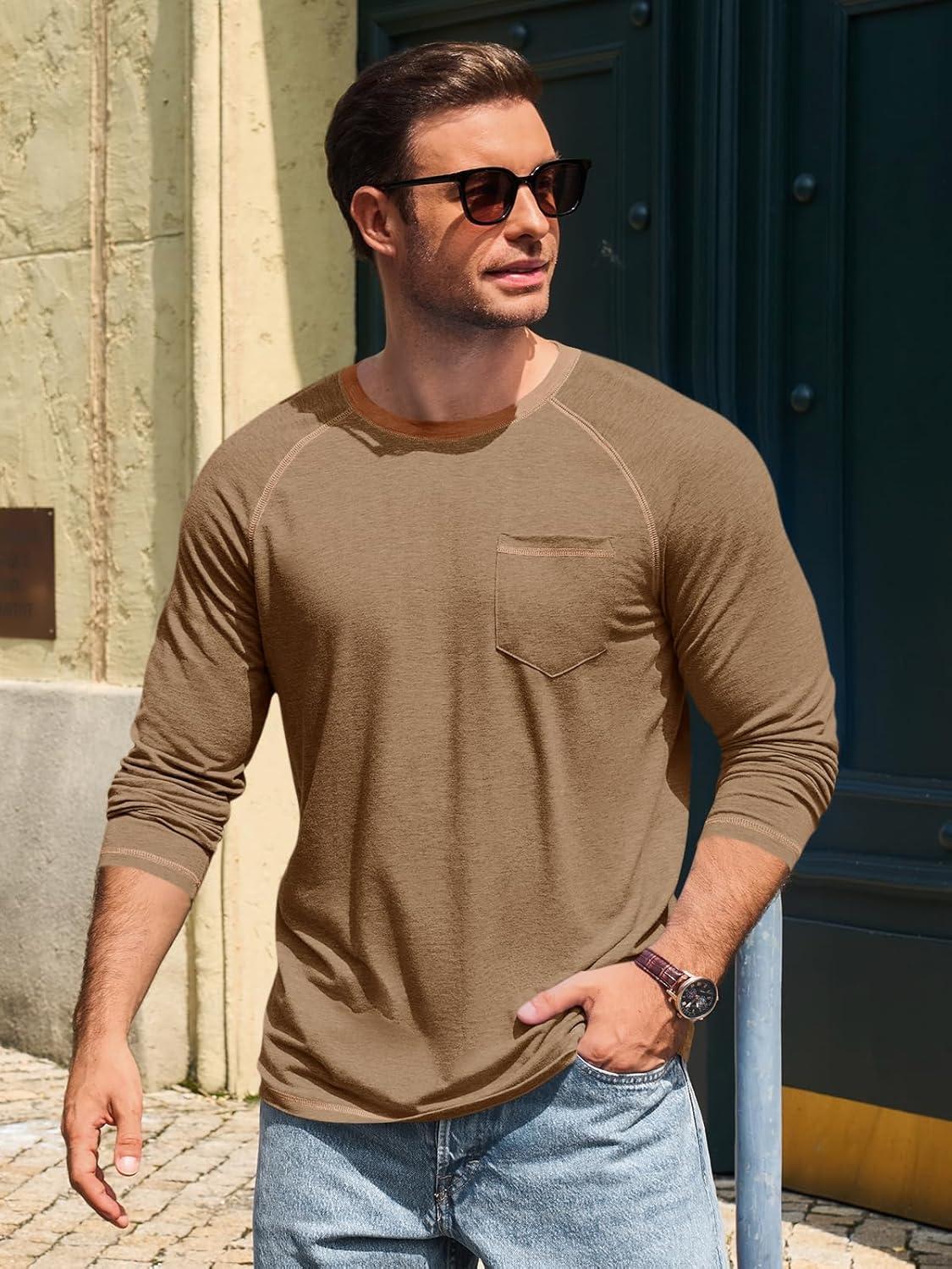 imageRuncati Mens Long Sleeve TShirt Casual Crewneck Shirts Basic Lightweight Vintage Tee Tops with PocketDark Khaki